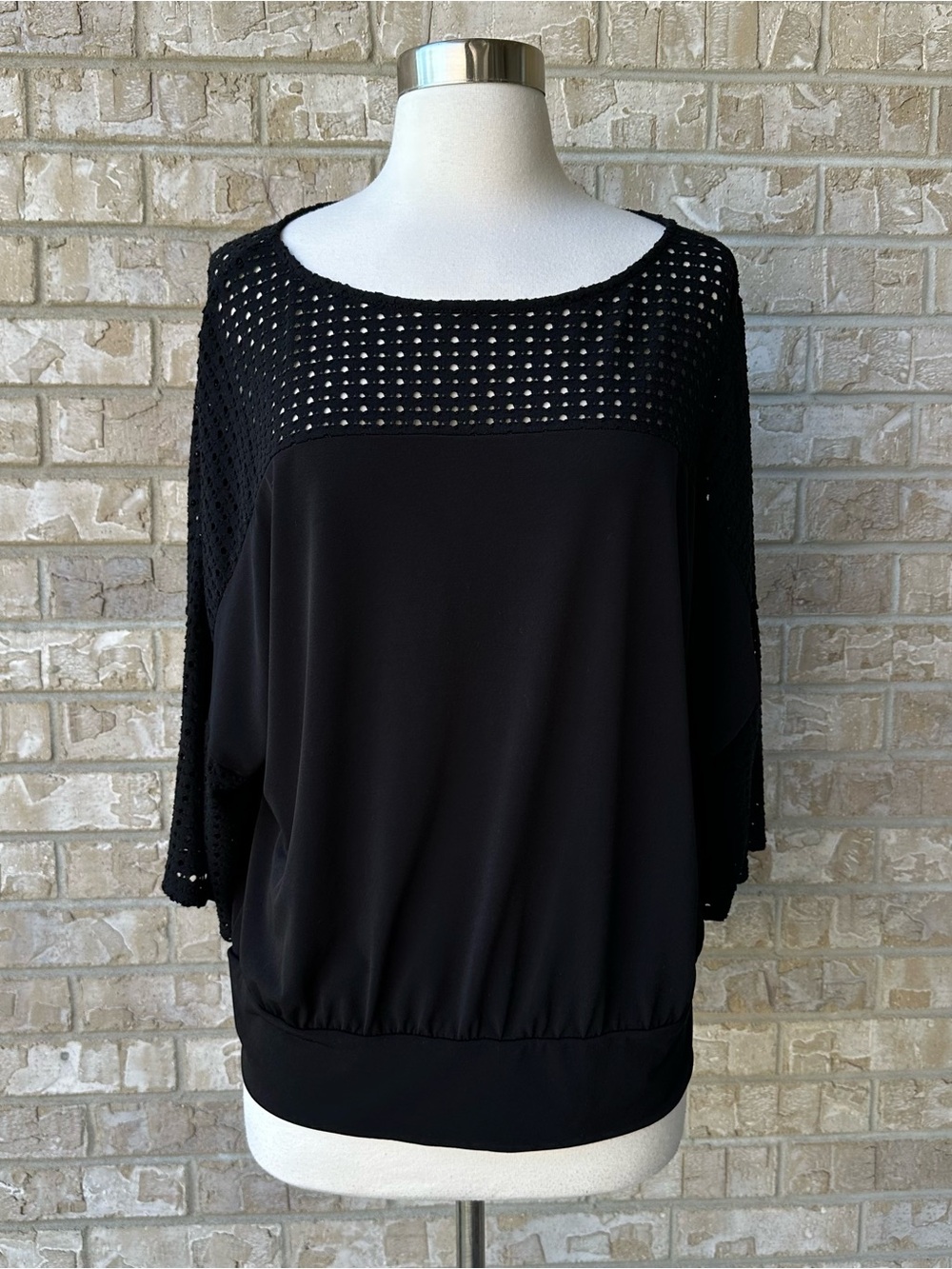 Chico’s Black Openwork Mesh Dolman Sleeve Top Size 1